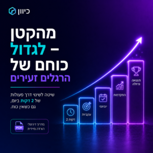 ספר דיגיטלי 'מהקטן לגדול - כוחם של הרגלים זעירים' עם כותרת בולטת על רקע מעורפל ונעים, מציג קונספט של התחלה קטנה וצמיחה.